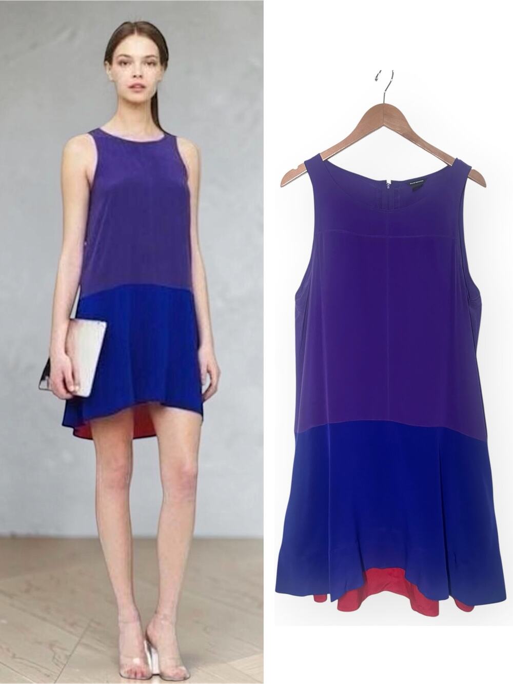 CLUB MONACO 100% Silk Colorblock Shift Dress Hi-Low Purple Blue Cocktail Chic 12